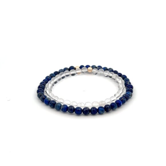 Lapis Lazuli & Clear Quartz Gemstone Stretch Bracelet with 14K Gold Accent Bead - Picture 4 of 5